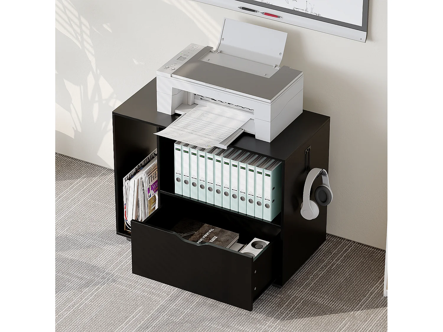 Caisson de Bureau avec 1 Tiroir, 2 Compartiments, Desserte de Bureau à Roulettes, 60 x 40 x 60 cm, Noir