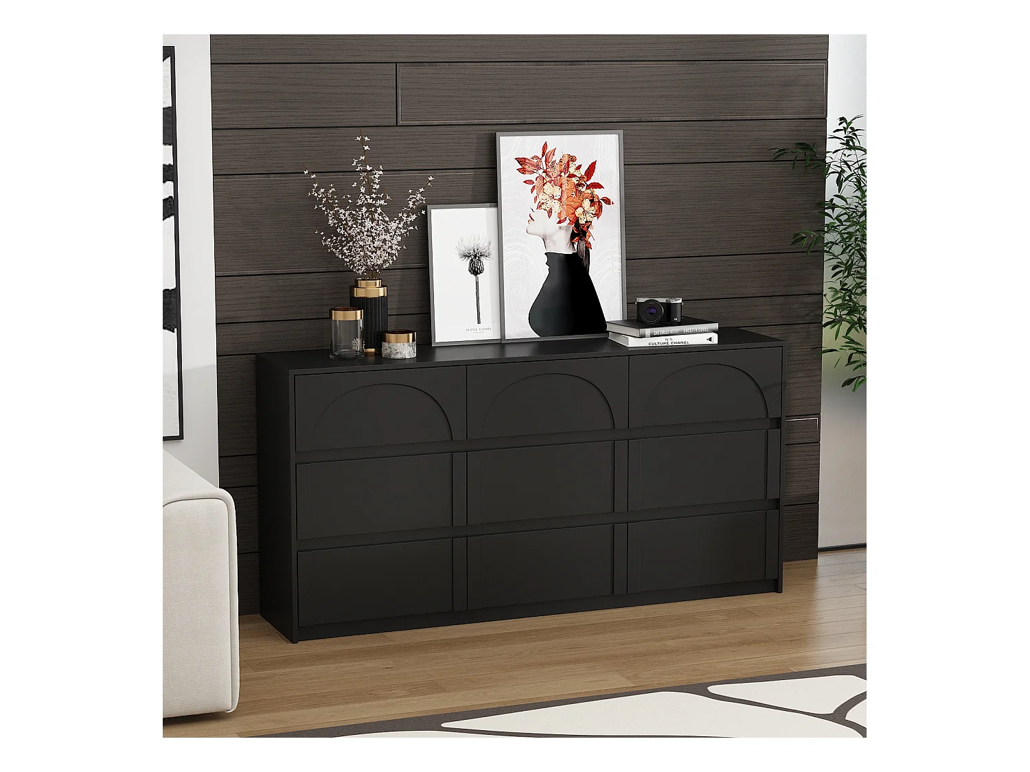 Commode avec 9 Tiroirs sans Poignée, Meuble de Chambre avec Aspect sculpté en Arc, 120 x 35 x 80 CM, Noir