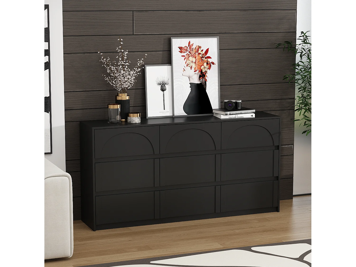 Commode avec 9 Tiroirs sans Poignée, Meuble de Chambre avec Aspect sculpté en Arc, 120 x 35 x 80 CM, Noir