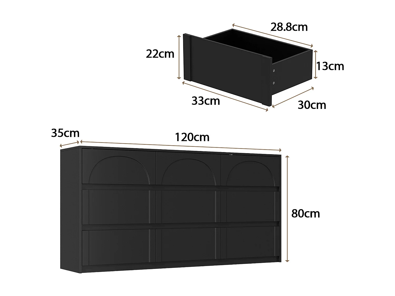 Commode avec 9 Tiroirs sans Poignée, Meuble de Chambre avec Aspect sculpté en Arc, 120 x 35 x 80 CM, Noir