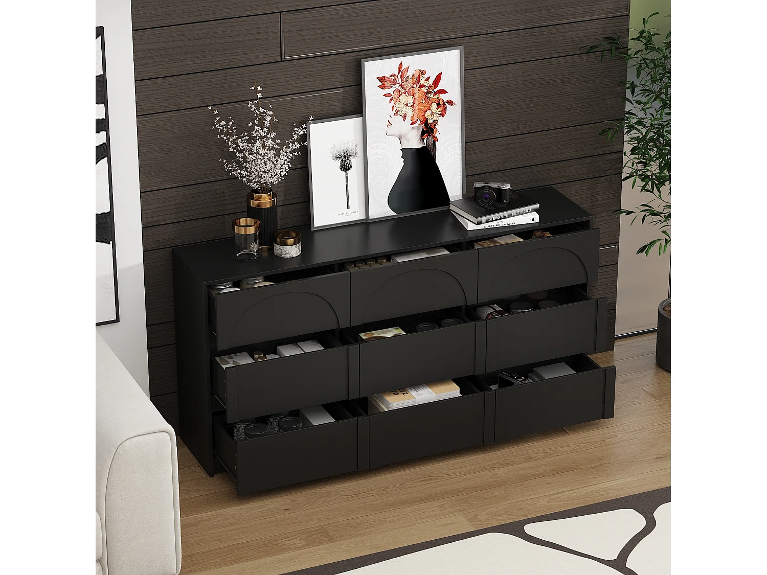 Commode avec 9 Tiroirs sans Poignée, Meuble de Chambre avec Aspect sculpté en Arc, 120 x 35 x 80 CM, Noir