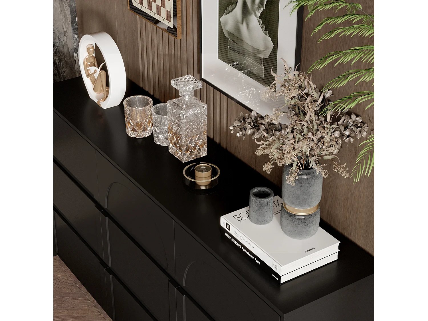 Commode avec 9 Tiroirs sans Poignée, Meuble de Chambre avec Aspect sculpté en Arc, 120 x 35 x 80 CM, Noir