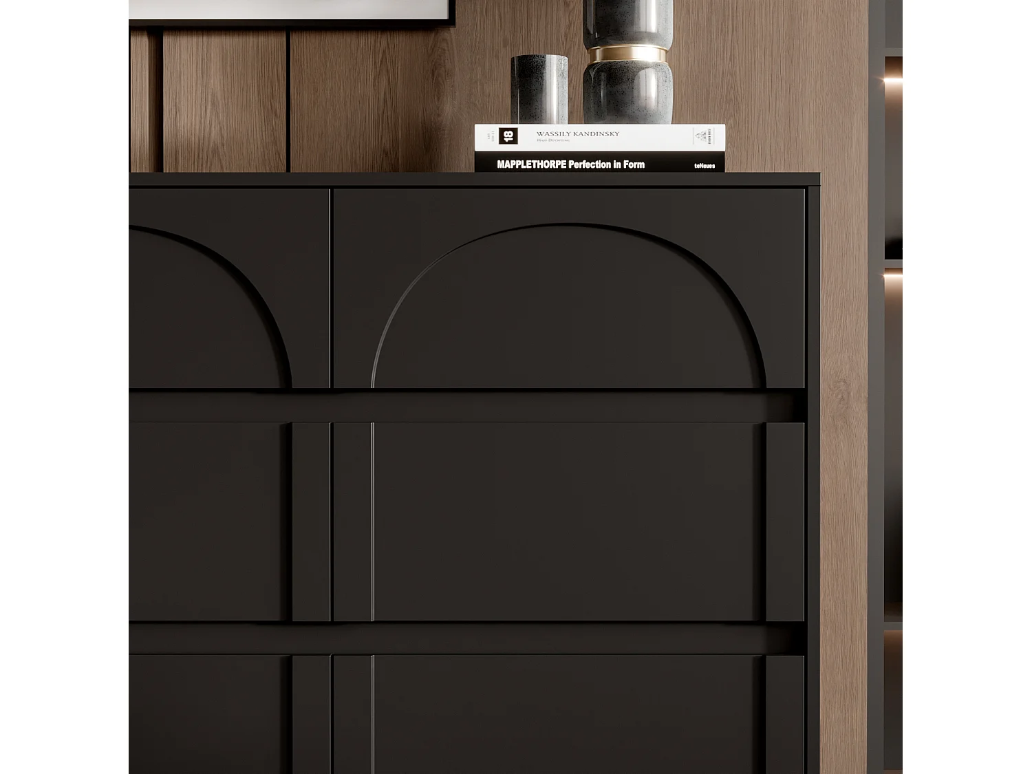 Commode avec 9 Tiroirs sans Poignée, Meuble de Chambre avec Aspect sculpté en Arc, 120 x 35 x 80 CM, Noir