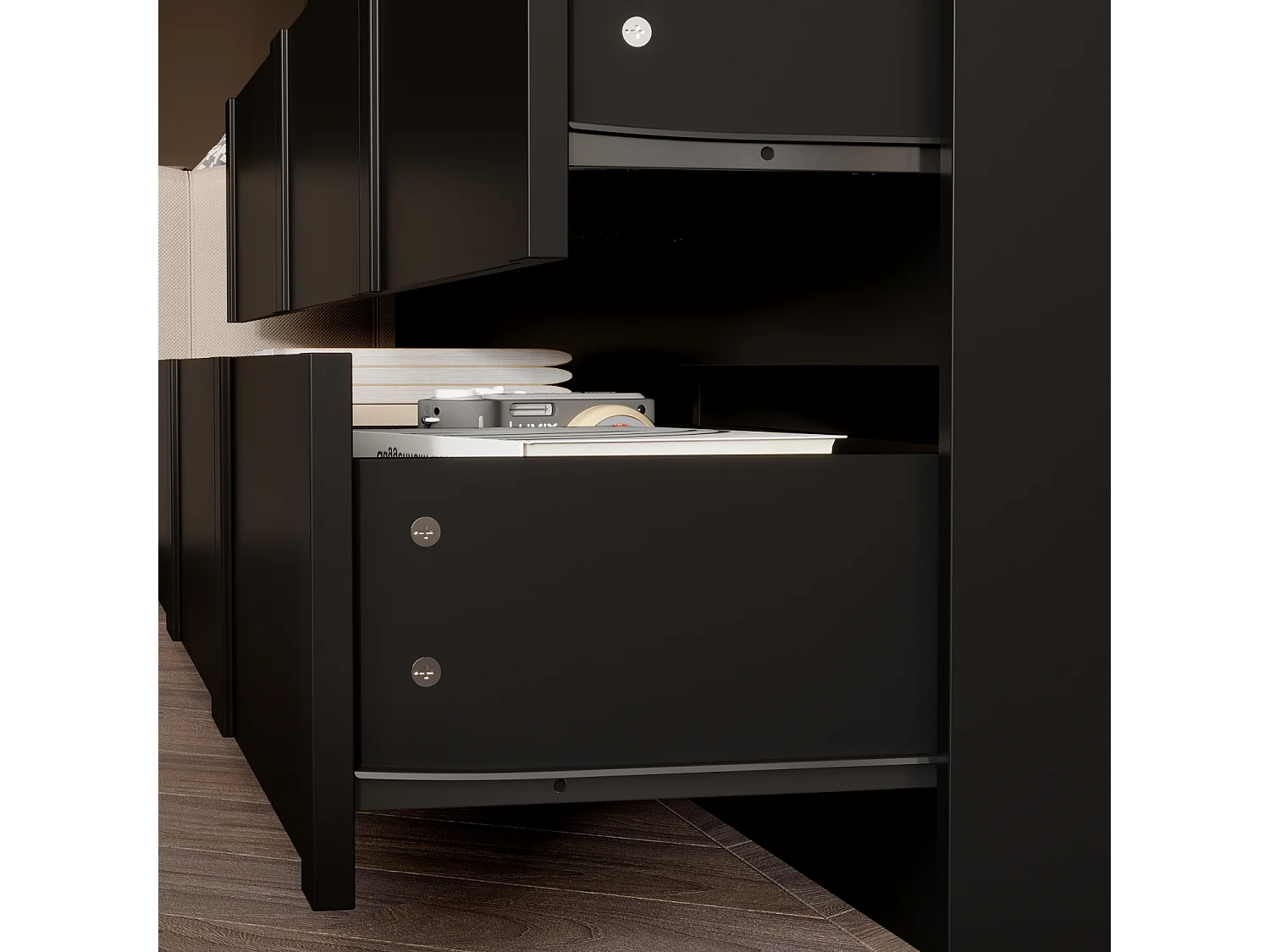 Commode avec 9 Tiroirs sans Poignée, Meuble de Chambre avec Aspect sculpté en Arc, 120 x 35 x 80 CM, Noir