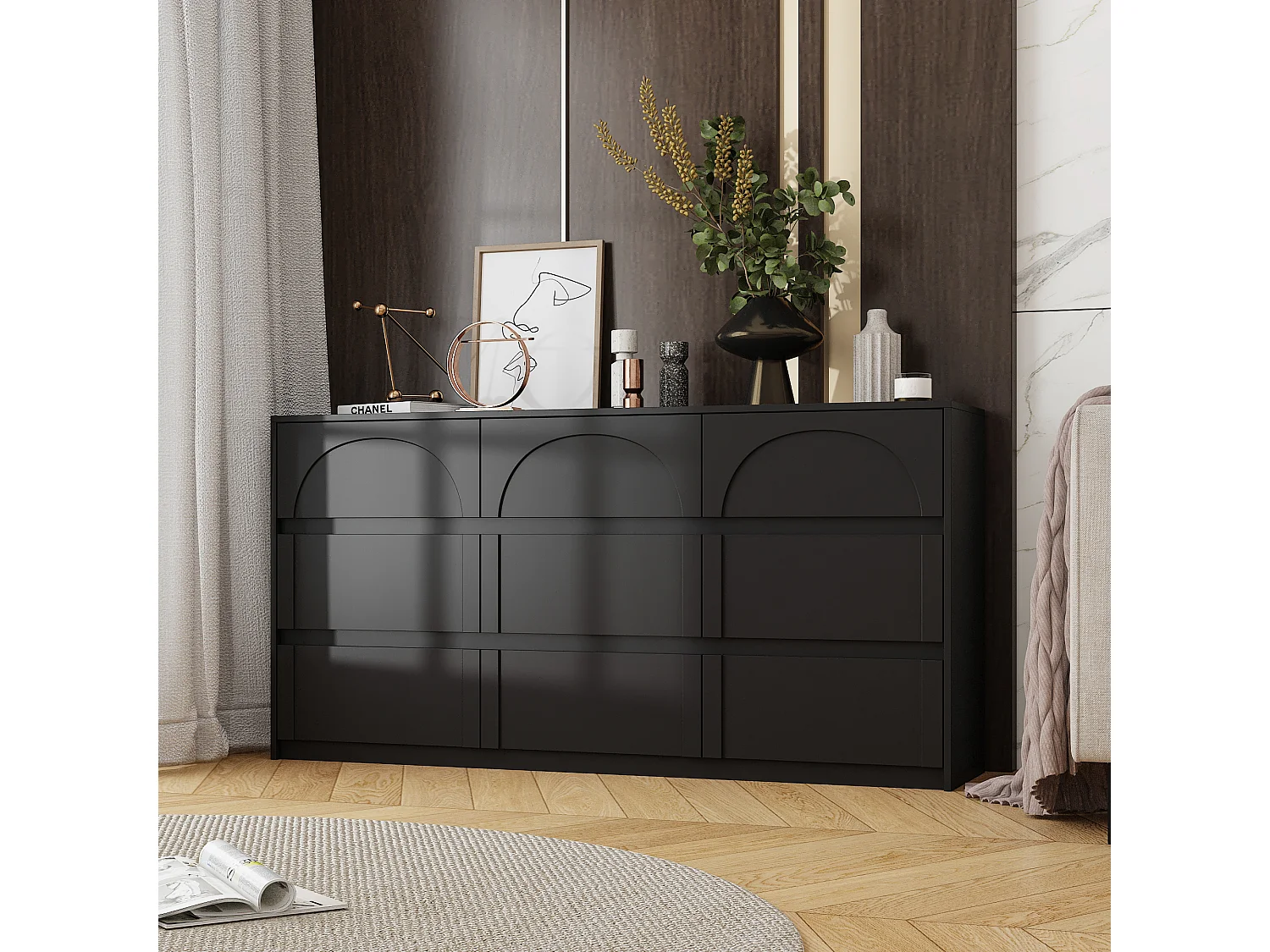 Commode avec 9 Tiroirs sans Poignée, Meuble de Chambre avec Aspect sculpté en Arc, 120 x 35 x 80 CM, Noir