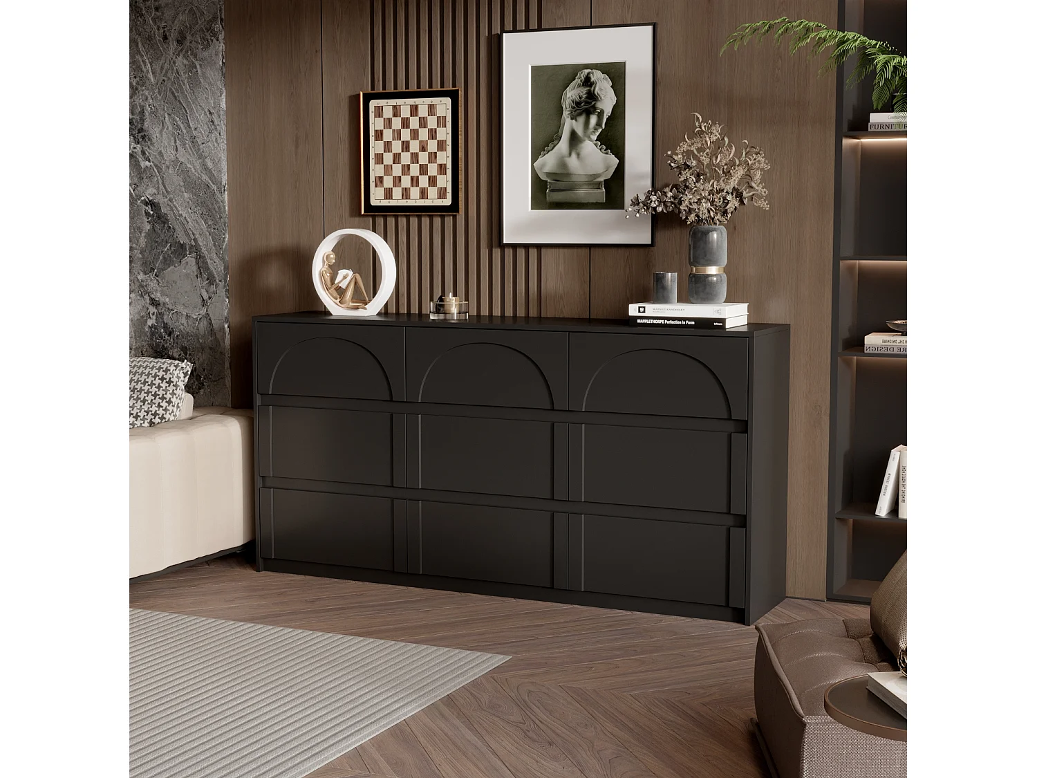 Commode avec 9 Tiroirs sans Poignée, Meuble de Chambre avec Aspect sculpté en Arc, 120 x 35 x 80 CM, Noir