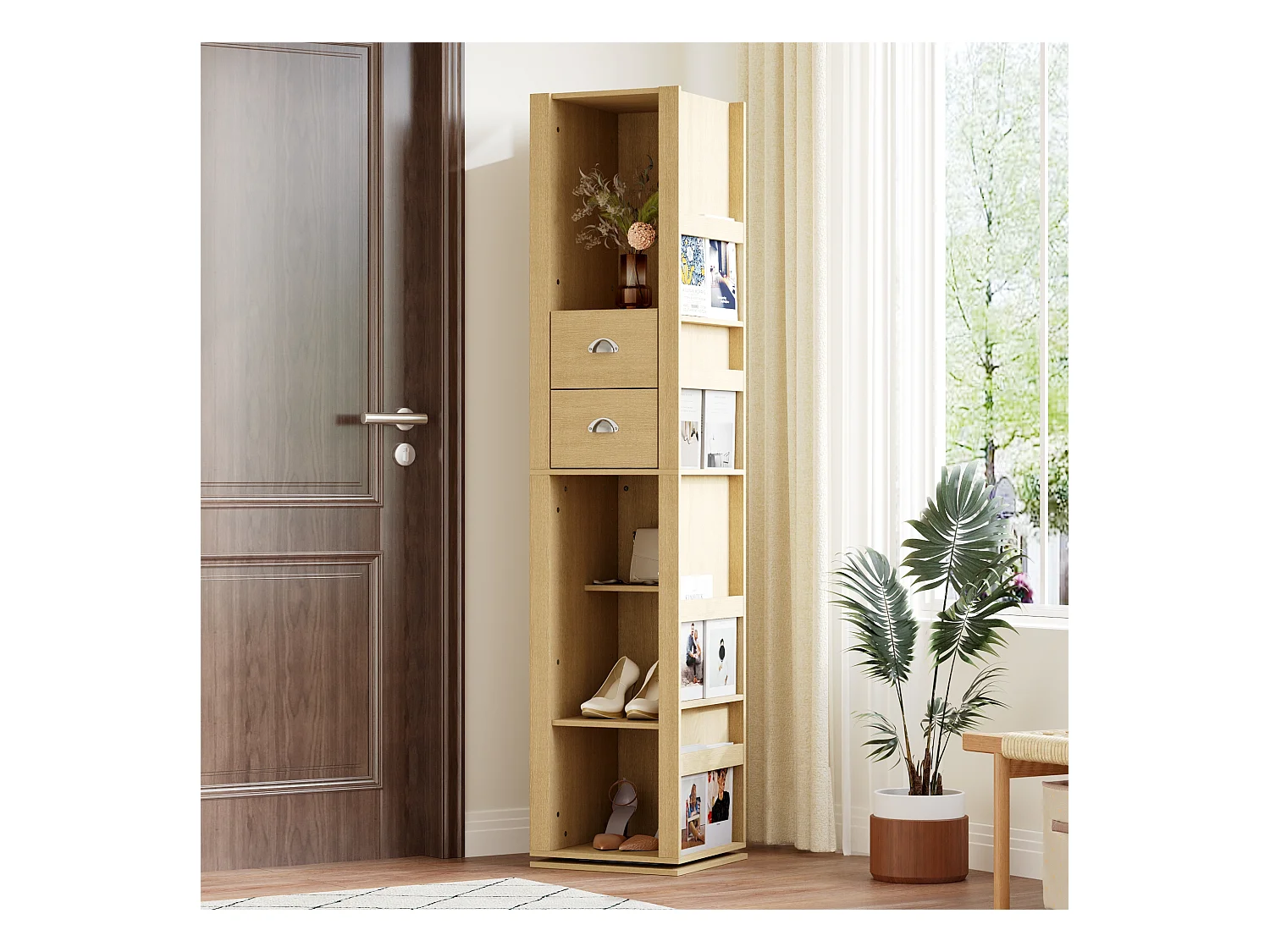 Vestiaire Pivotante avec Miroir pour l’Entrée, Meuble d’Entrée avec 2 Tiroirs et 4 Compartiments Ouverts, 40 x 40 x 160cm, Naturel