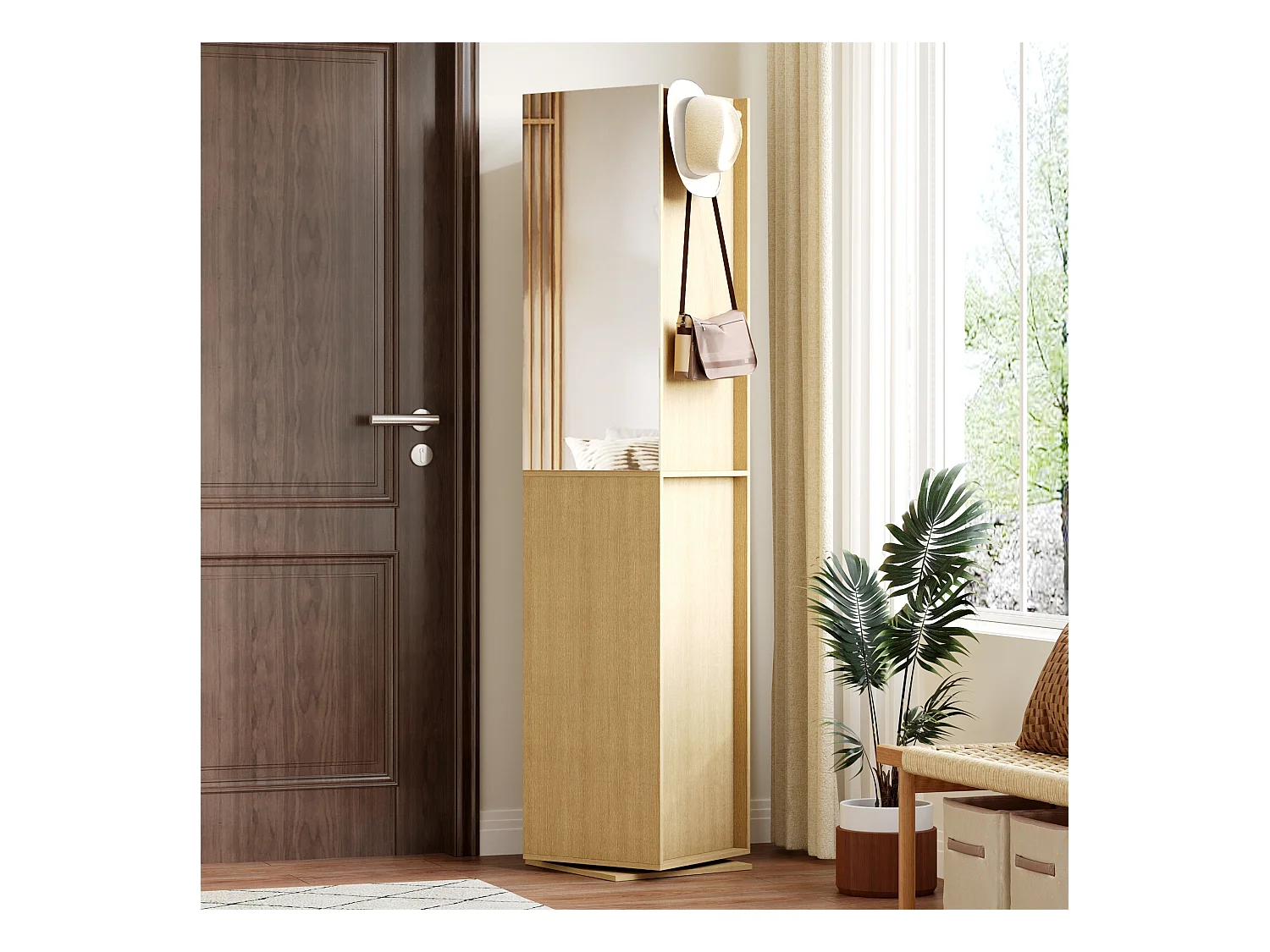 Vestiaire Pivotante avec Miroir pour l’Entrée, Meuble d’Entrée avec 2 Tiroirs et 4 Compartiments Ouverts, 40 x 40 x 160cm, Naturel