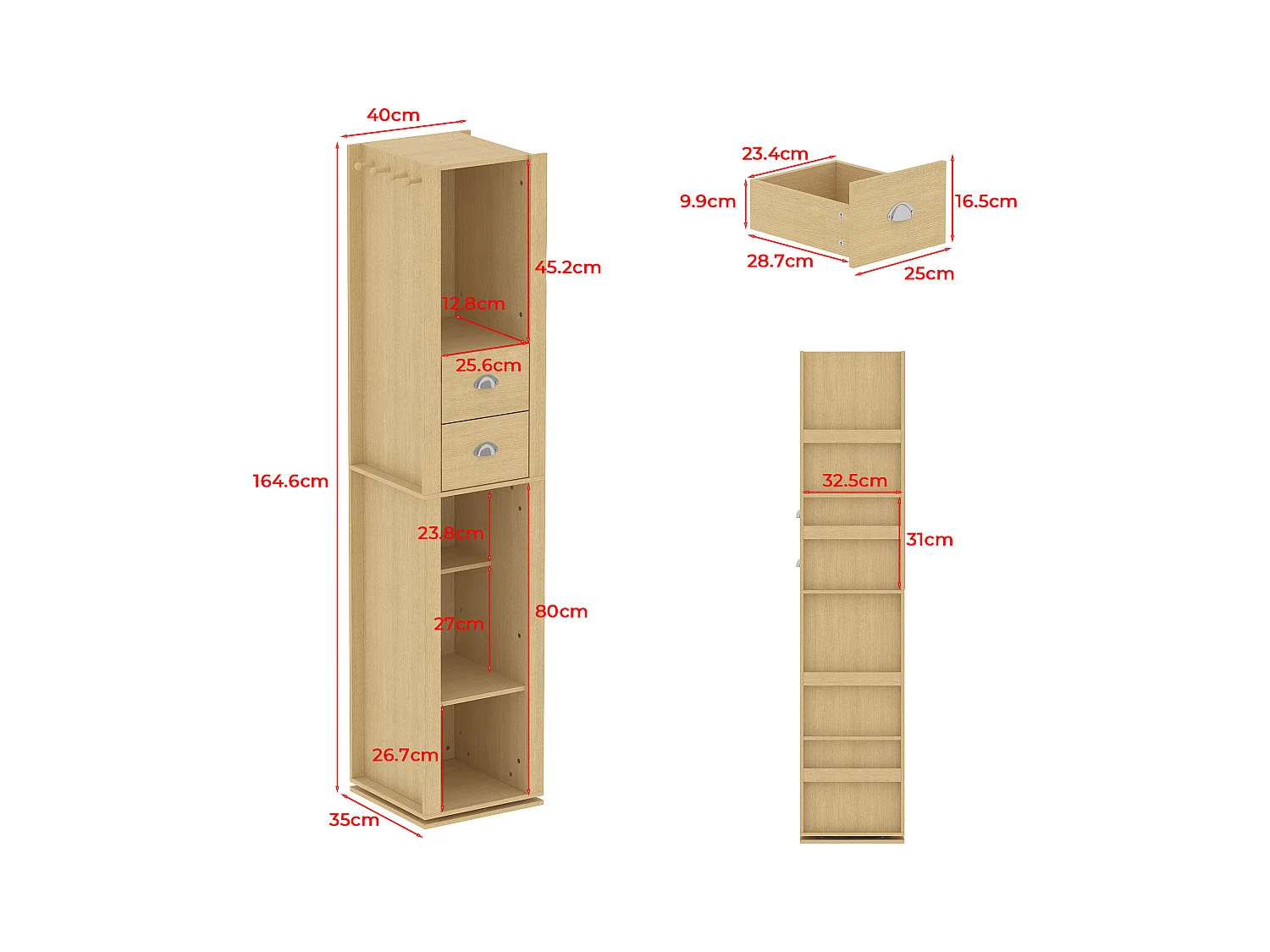 Vestiaire Pivotante avec Miroir pour l’Entrée, Meuble d’Entrée avec 2 Tiroirs et 4 Compartiments Ouverts, 40 x 40 x 160cm, Naturel