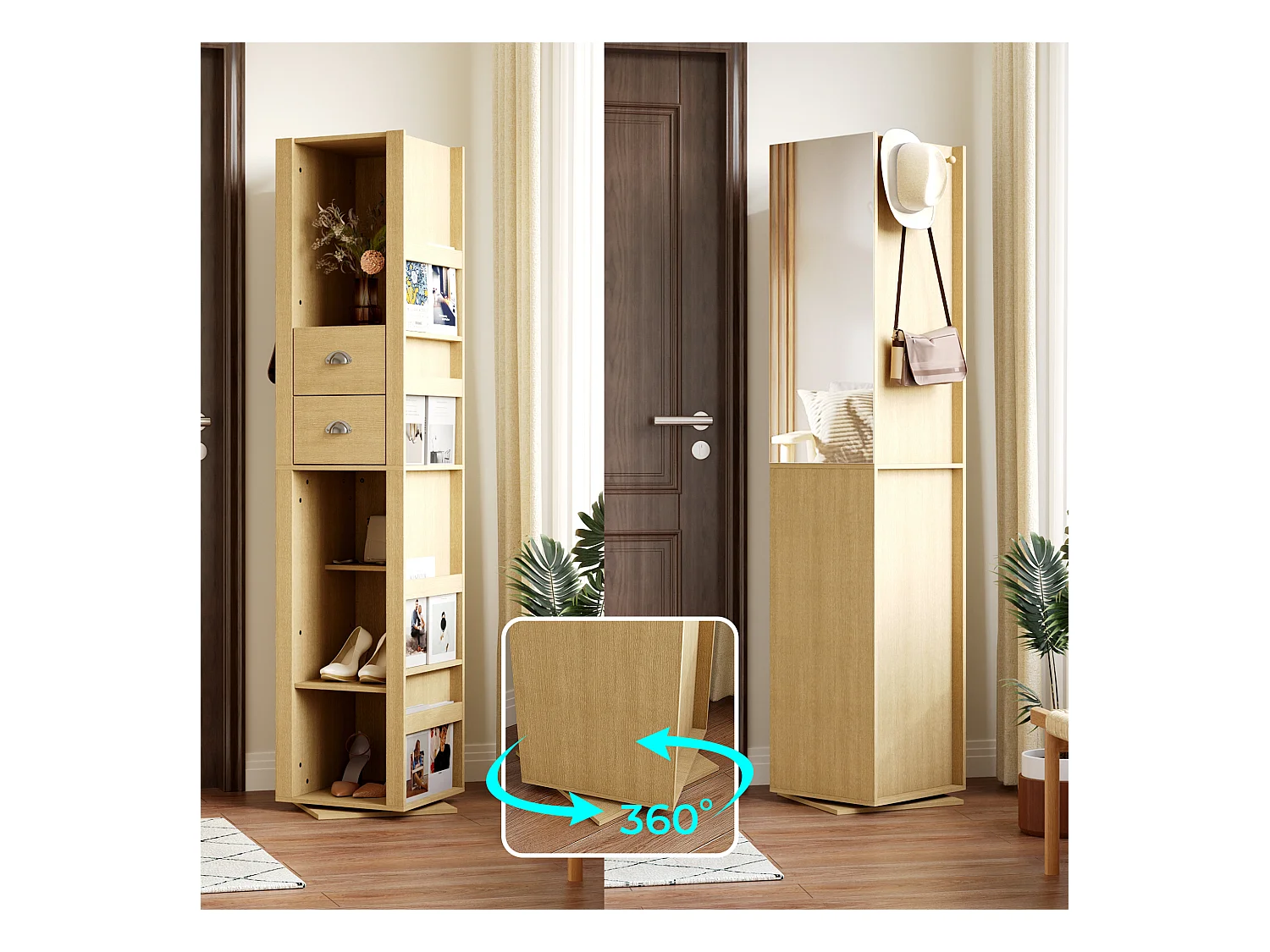 Vestiaire Pivotante avec Miroir pour l’Entrée, Meuble d’Entrée avec 2 Tiroirs et 4 Compartiments Ouverts, 40 x 40 x 160cm, Naturel