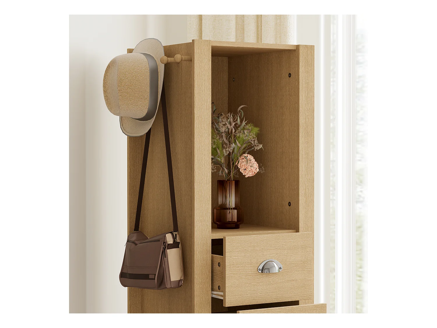 Vestiaire Pivotante avec Miroir pour l’Entrée, Meuble d’Entrée avec 2 Tiroirs et 4 Compartiments Ouverts, 40 x 40 x 160cm, Naturel