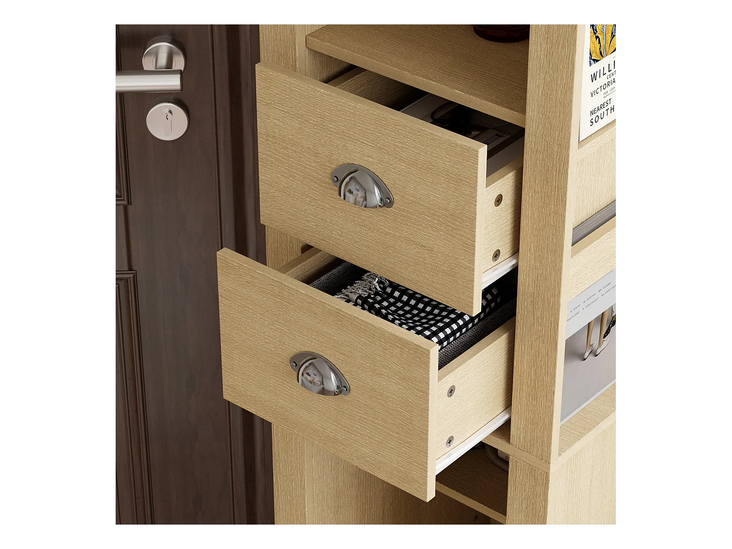 Vestiaire Pivotante avec Miroir pour l’Entrée, Meuble d’Entrée avec 2 Tiroirs et 4 Compartiments Ouverts, 40 x 40 x 160cm, Naturel