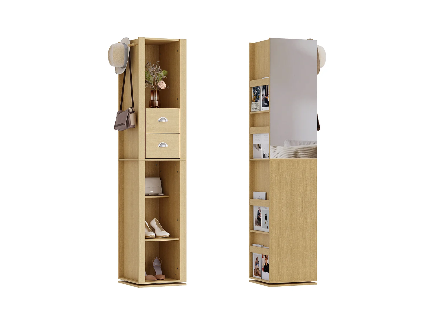 Vestiaire Pivotante avec Miroir pour l’Entrée, Meuble d’Entrée avec 2 Tiroirs et 4 Compartiments Ouverts, 40 x 40 x 160cm, Naturel