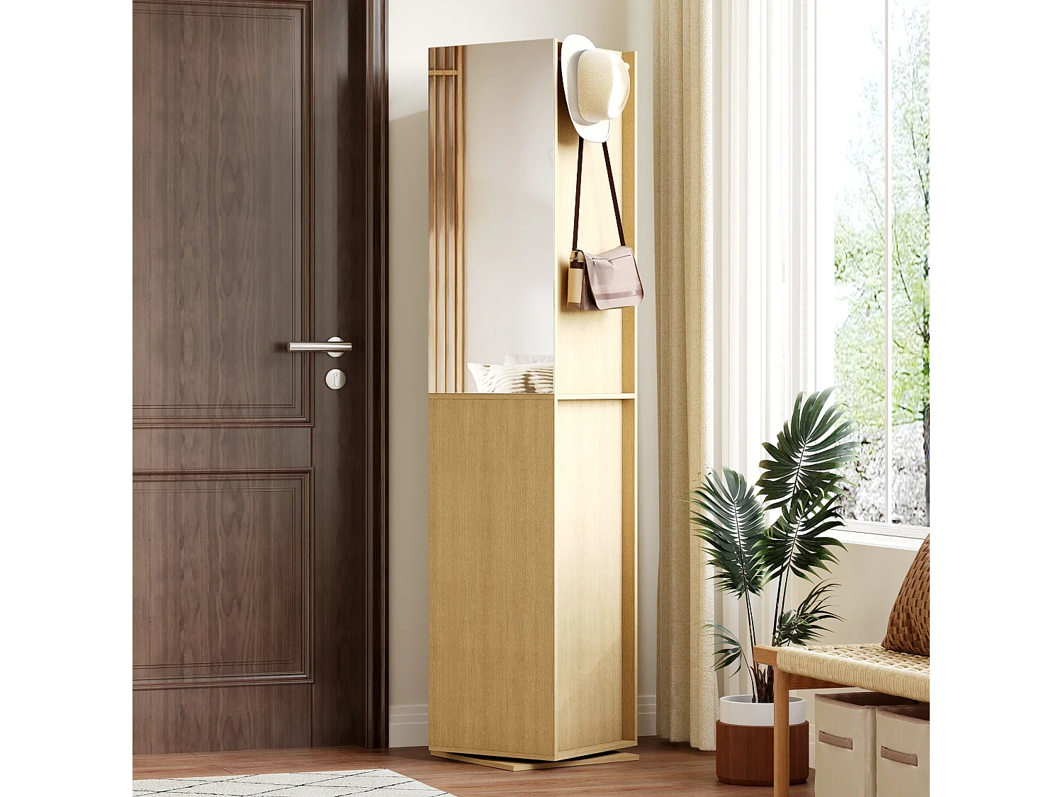 Vestiaire Pivotante avec Miroir pour l’Entrée, Meuble d’Entrée avec 2 Tiroirs et 4 Compartiments Ouverts, 40 x 40 x 160cm, Naturel