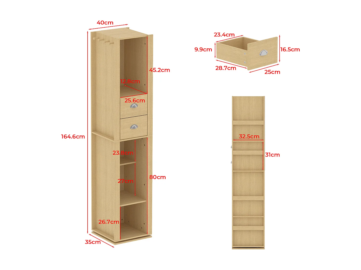 Vestiaire Pivotante avec Miroir pour l’Entrée, Meuble d’Entrée avec 2 Tiroirs et 4 Compartiments Ouverts, 40 x 40 x 160cm, Naturel