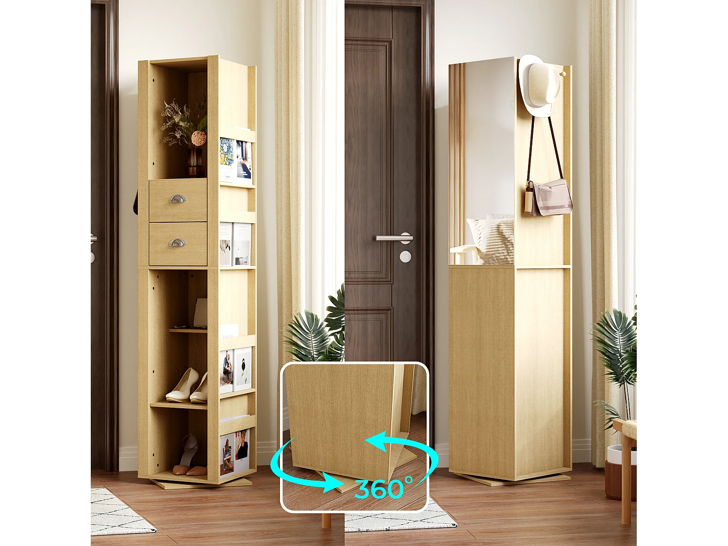 Vestiaire Pivotante avec Miroir pour l’Entrée, Meuble d’Entrée avec 2 Tiroirs et 4 Compartiments Ouverts, 40 x 40 x 160cm, Naturel