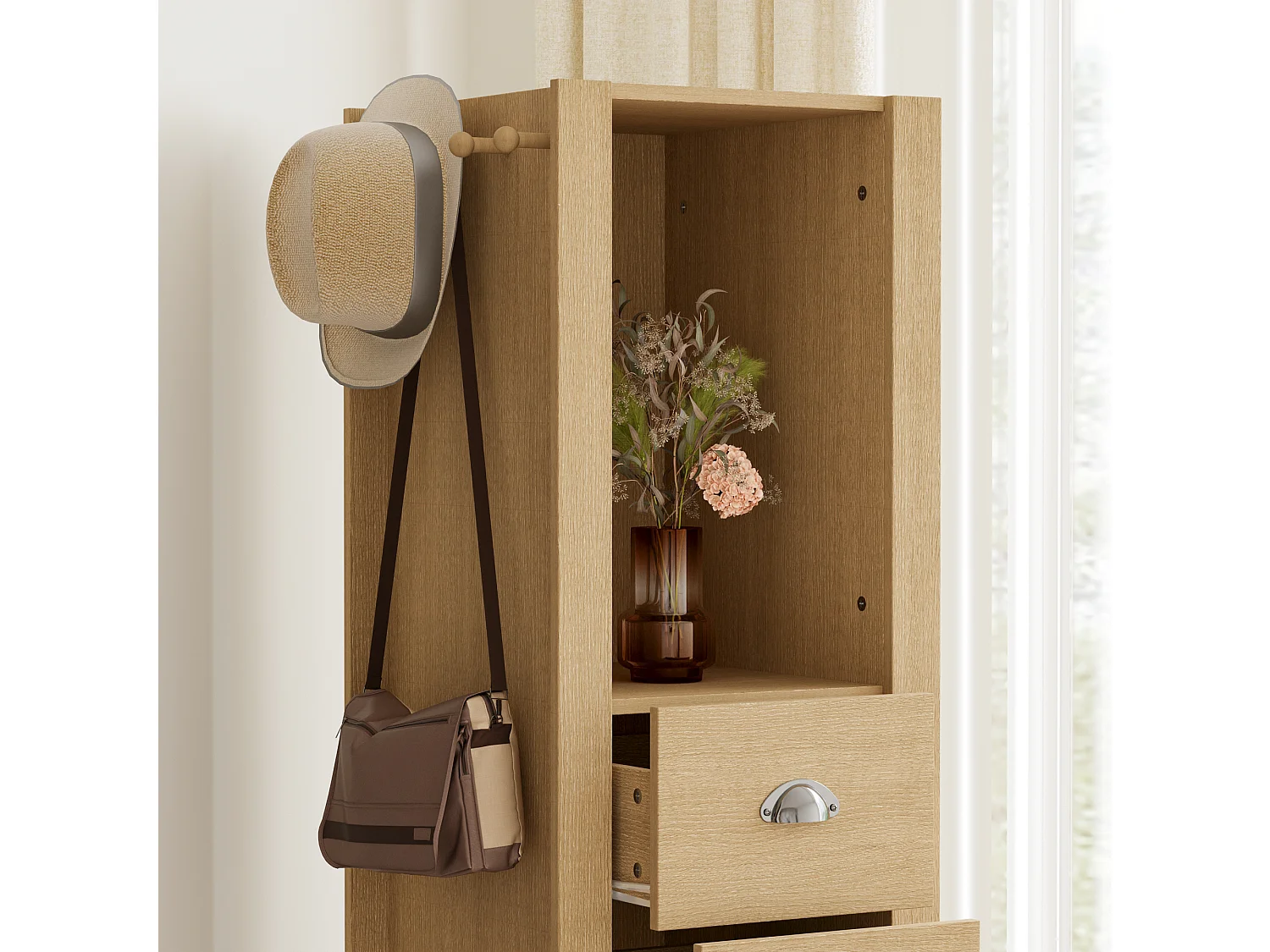 Vestiaire Pivotante avec Miroir pour l’Entrée, Meuble d’Entrée avec 2 Tiroirs et 4 Compartiments Ouverts, 40 x 40 x 160cm, Naturel