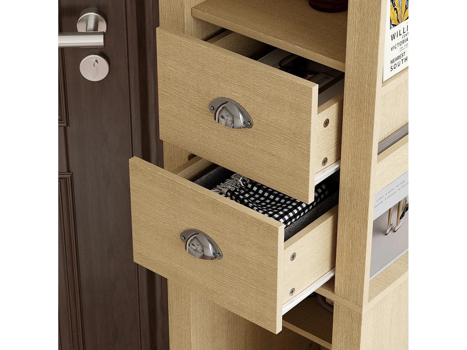 Vestiaire Pivotante avec Miroir pour l’Entrée, Meuble d’Entrée avec 2 Tiroirs et 4 Compartiments Ouverts, 40 x 40 x 160cm, Naturel