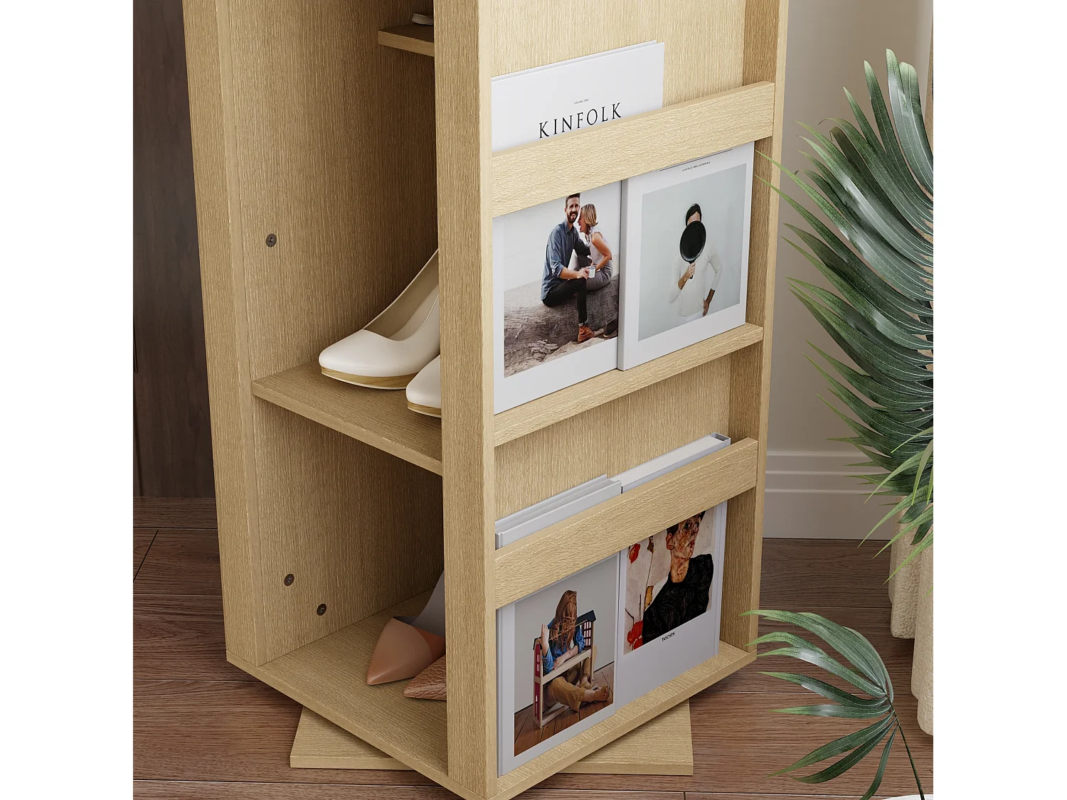 Vestiaire Pivotante avec Miroir pour l’Entrée, Meuble d’Entrée avec 2 Tiroirs et 4 Compartiments Ouverts, 40 x 40 x 160cm, Naturel