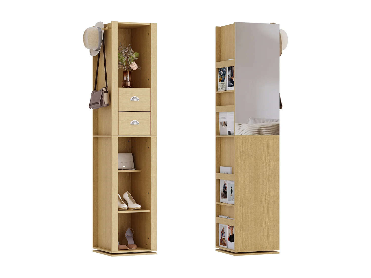 Vestiaire Pivotante avec Miroir pour l’Entrée, Meuble d’Entrée avec 2 Tiroirs et 4 Compartiments Ouverts, 40 x 40 x 160cm, Naturel