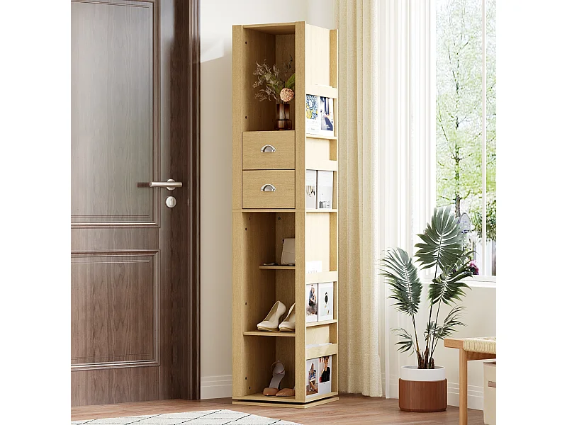 Vestiaire Pivotante avec Miroir pour l’Entrée, Meuble d’Entrée avec 2 Tiroirs et 4 Compartiments Ouverts, 40 x 40 x 160cm, Naturel