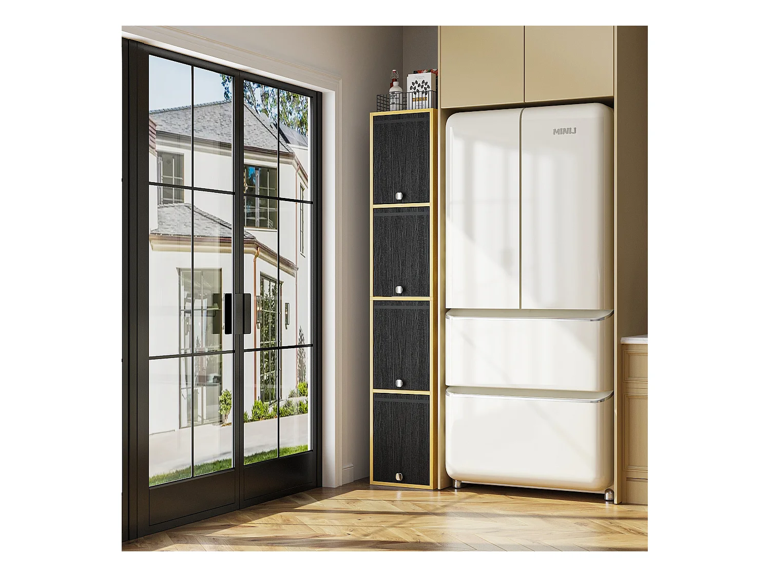 Colonne de Cuisine avec 4 Portes Abattantes, Poignée Bouton Argentée, Salle à Manger, 40 x 30 x 160cm, Naturel et Noir