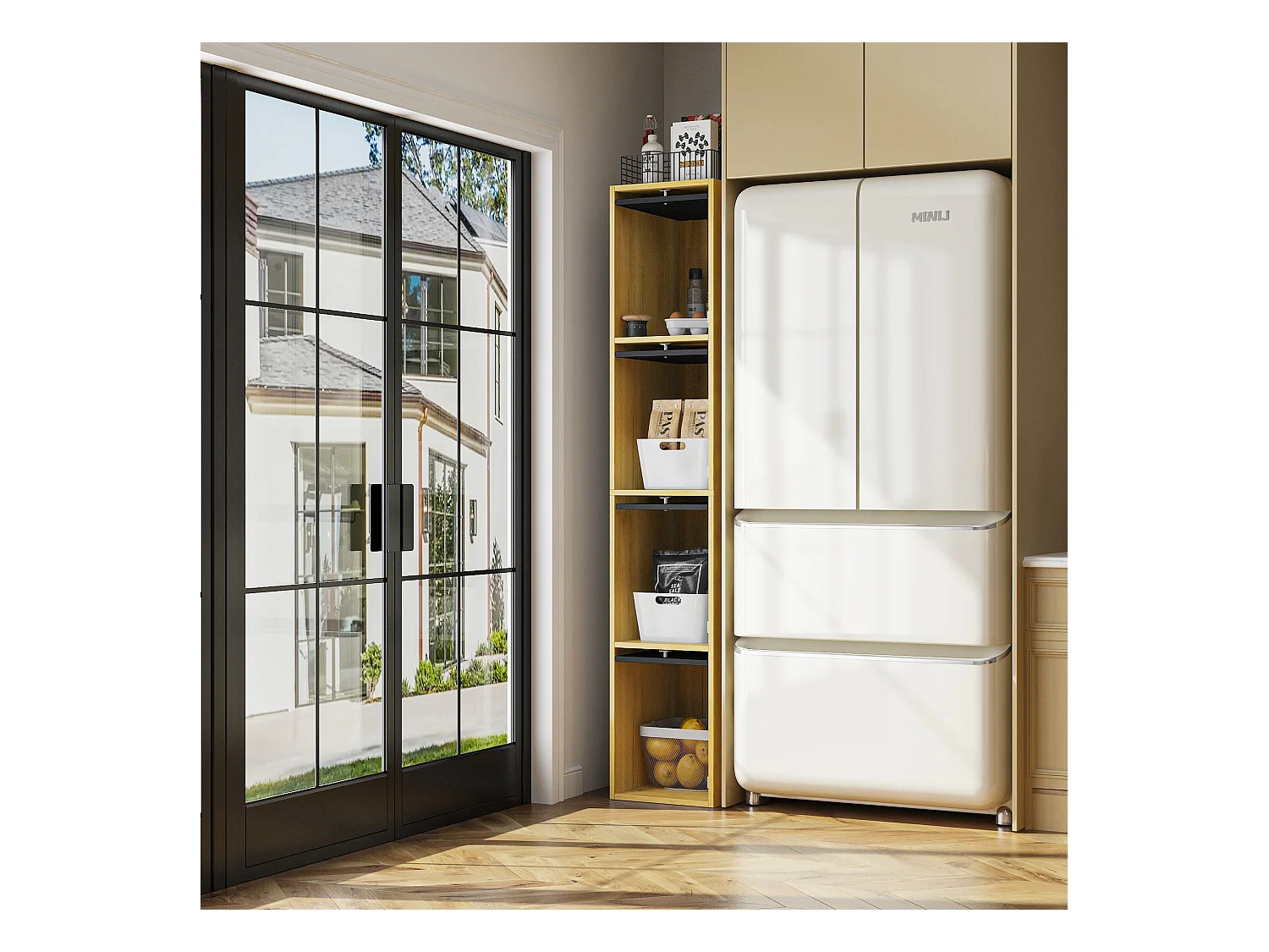 Colonne de Cuisine avec 4 Portes Abattantes, Poignée Bouton Argentée, Salle à Manger, 40 x 30 x 160cm, Naturel et Noir