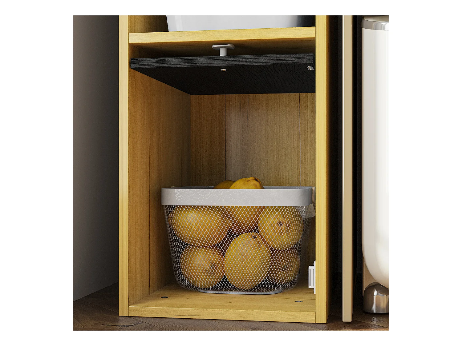 Colonne de Cuisine avec 4 Portes Abattantes, Poignée Bouton Argentée, Salle à Manger, 40 x 30 x 160cm, Naturel et Noir