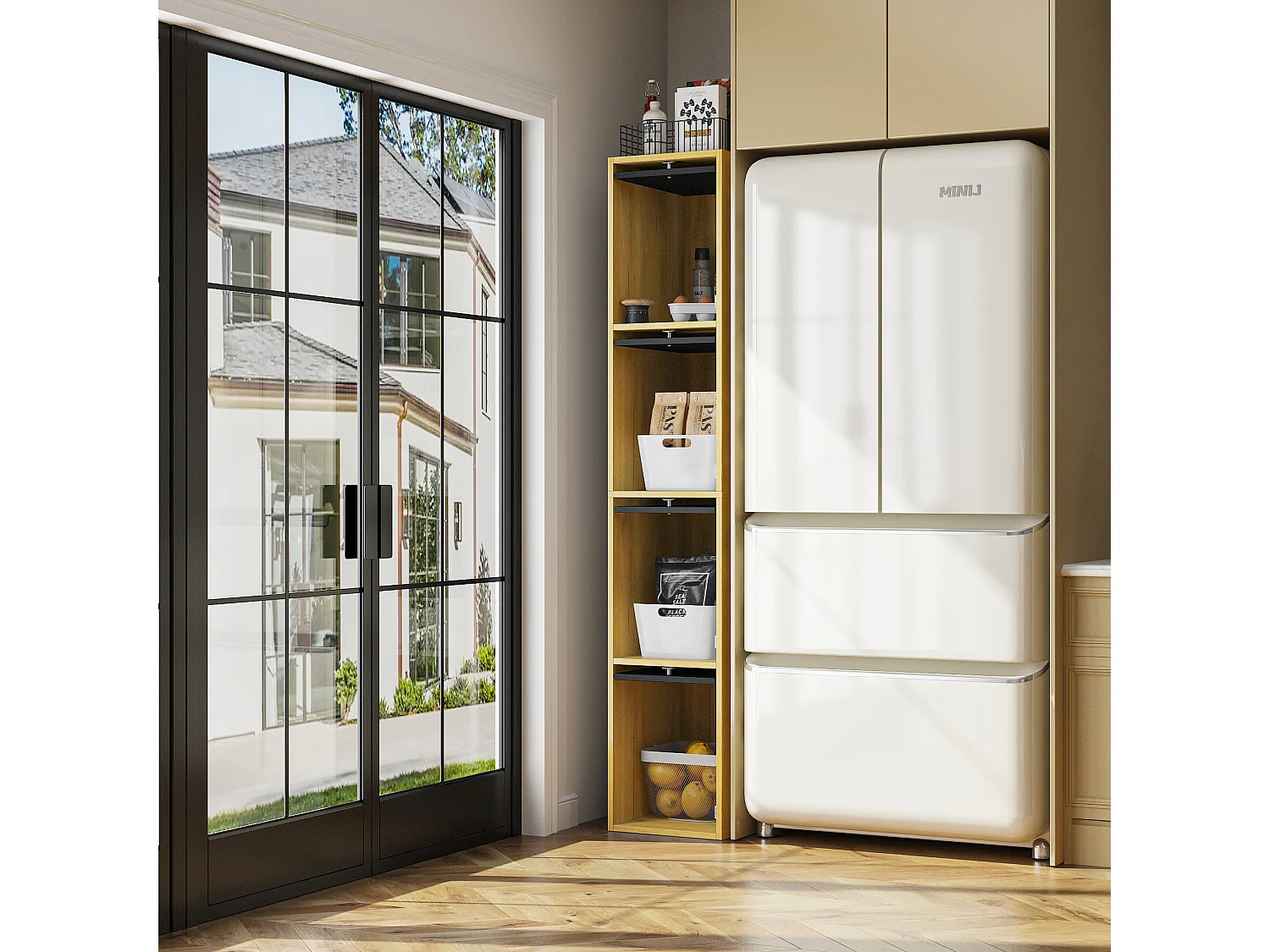 Colonne de Cuisine avec 4 Portes Abattantes, Poignée Bouton Argentée, Salle à Manger, 40 x 30 x 160cm, Naturel et Noir