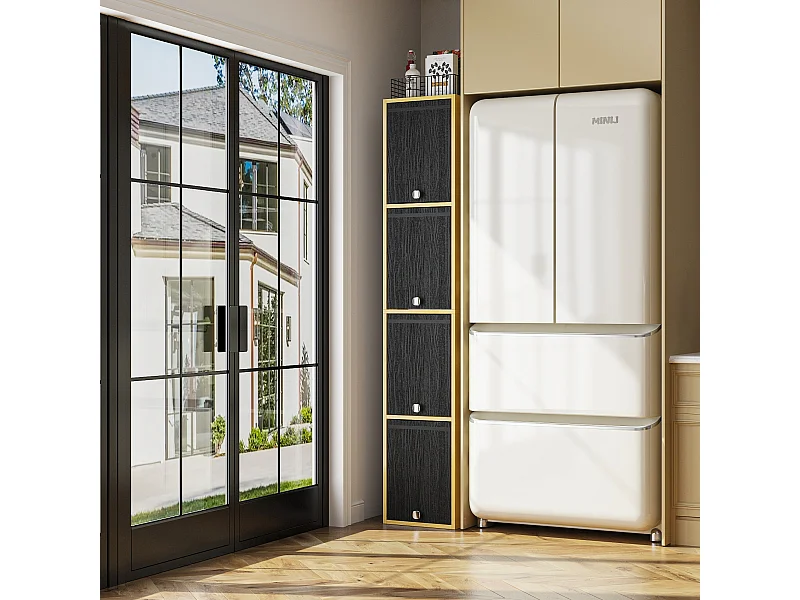 Colonne de Cuisine avec 4 Portes Abattantes, Poignée Bouton Argentée, Salle à Manger, 40 x 30 x 160cm, Naturel et Noir