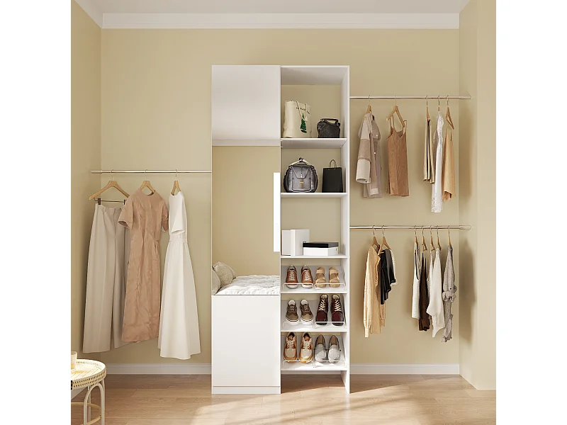 Dressing Blanc avec Miroir, Meuble de Rangement avec Compartiments et 2 Portes pour Chambre, 84 x 40 x 200cm