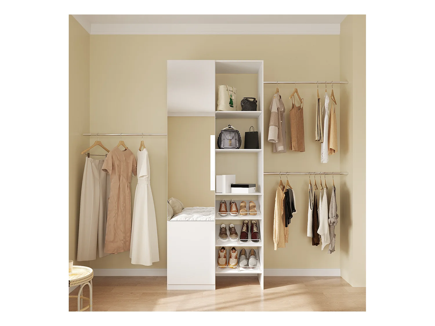 Dressing Blanc avec Miroir, Meuble de Rangement avec Compartiments et 2 Portes pour Chambre, 84 x 40 x 200cm
