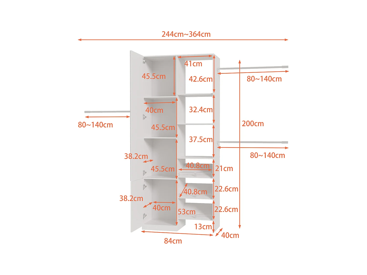 Dressing Blanc avec Miroir, Meuble de Rangement avec Compartiments et 2 Portes pour Chambre, 84 x 40 x 200cm