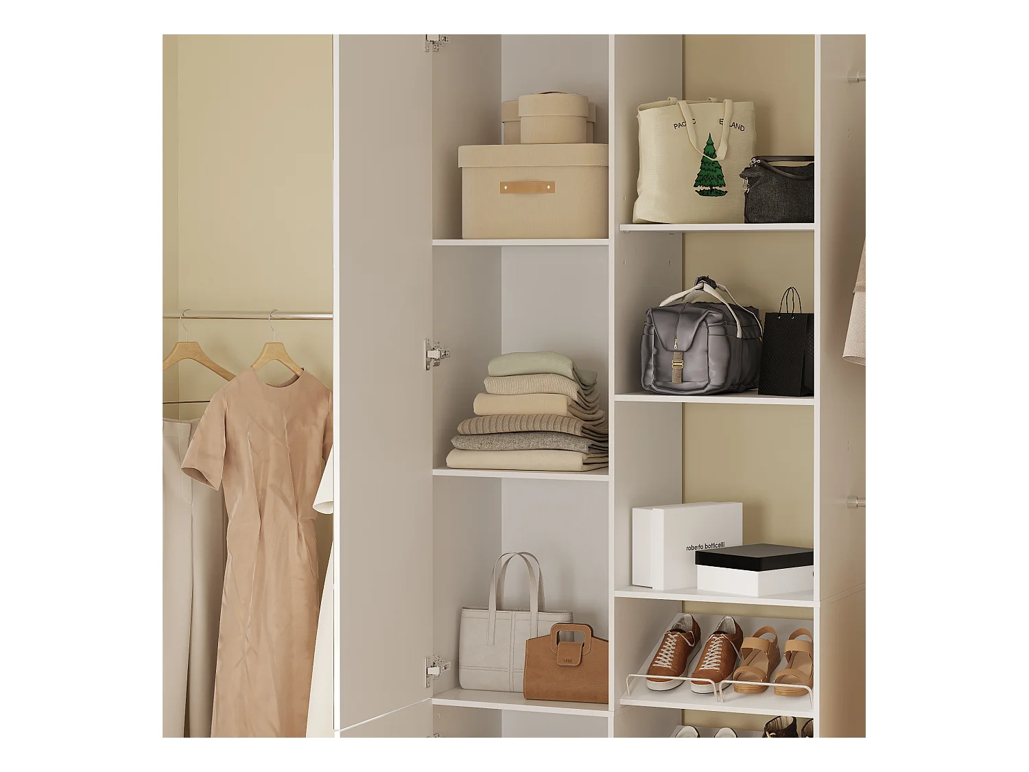 Dressing Blanc avec Miroir, Meuble de Rangement avec Compartiments et 2 Portes pour Chambre, 84 x 40 x 200cm