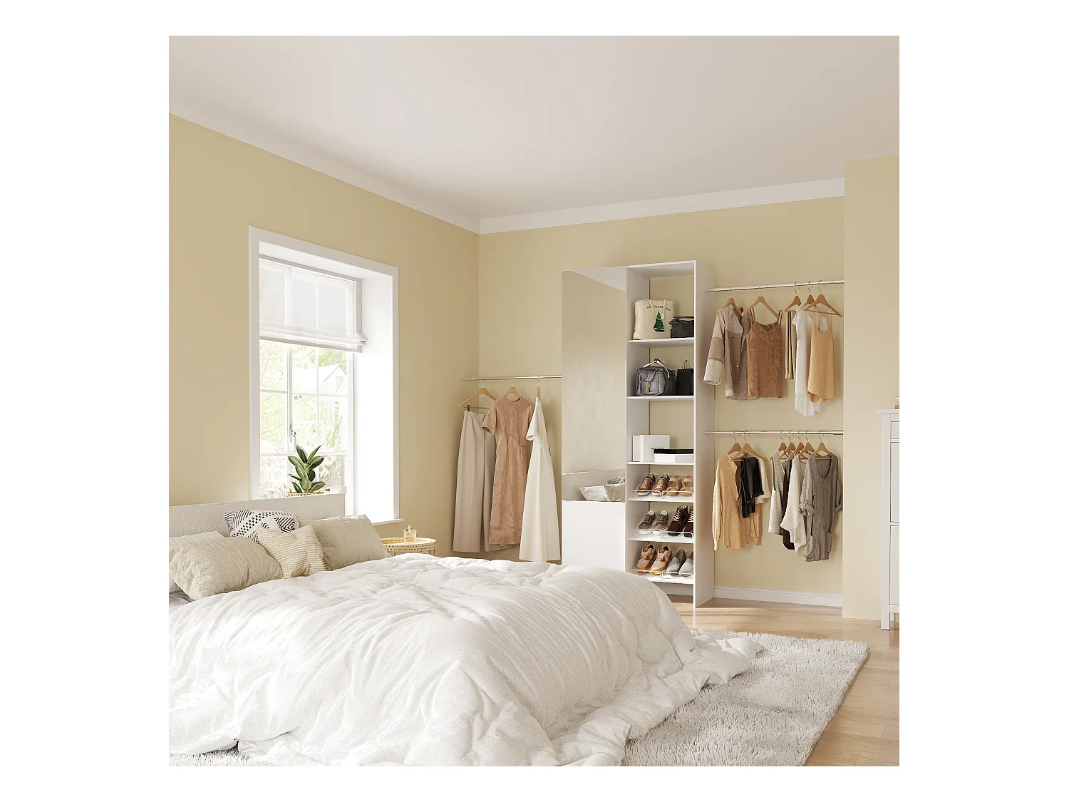 Dressing Blanc avec Miroir, Meuble de Rangement avec Compartiments et 2 Portes pour Chambre, 84 x 40 x 200cm