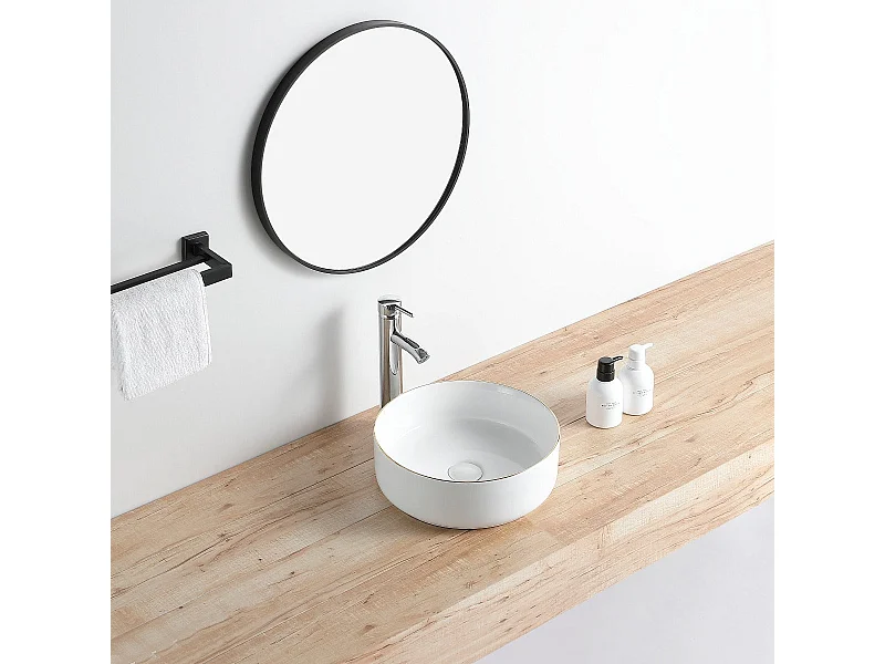 Aufsatzwaschbecken aus glasierter Keramik MENDOZA Ø36 cm weiß/gold