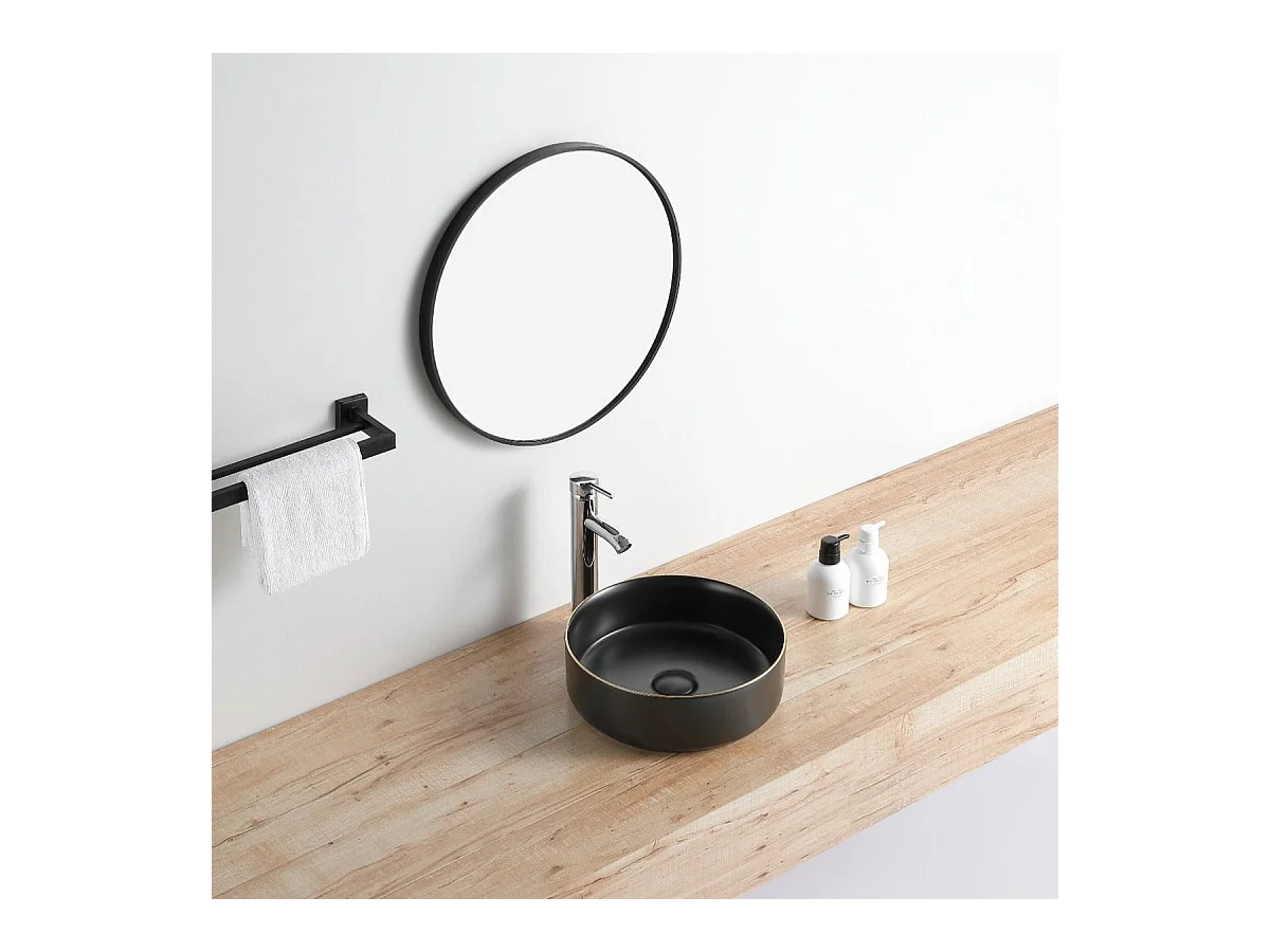 Aufsatzwaschbecken aus glasierter Keramik MENDOZA Ø36 cm schwarz/gold