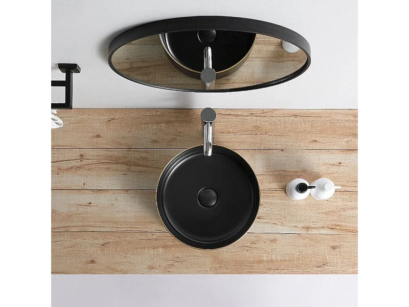 Aufsatzwaschbecken aus glasierter Keramik MENDOZA Ø36 cm schwarz/gold