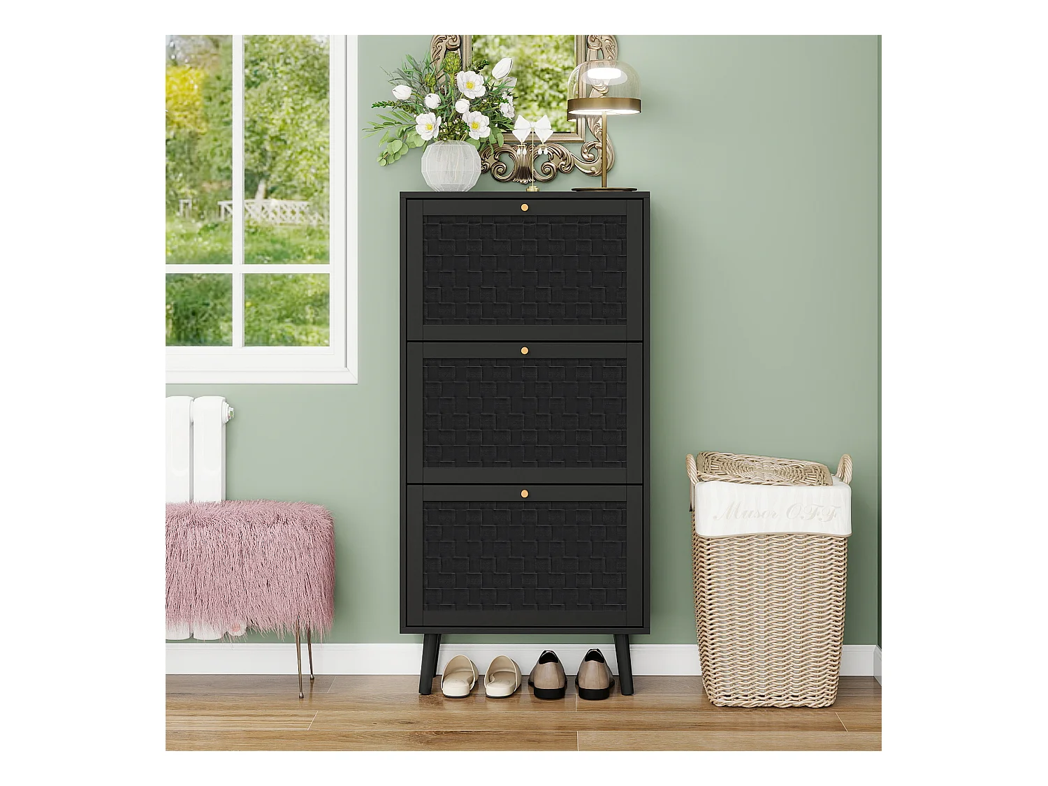 Meuble à chaussures 3 étages, design boho avec portes en rattan, MDF, noir (60x24x121 cm)