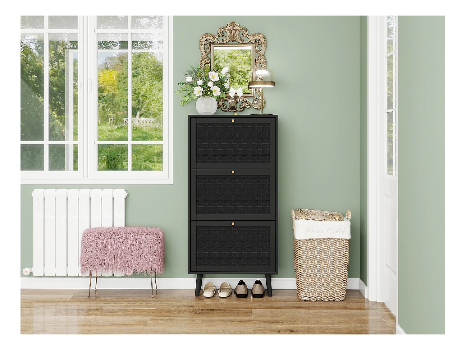 Meuble à chaussures 3 étages, design boho avec portes en rattan, MDF, noir (60x24x121 cm)