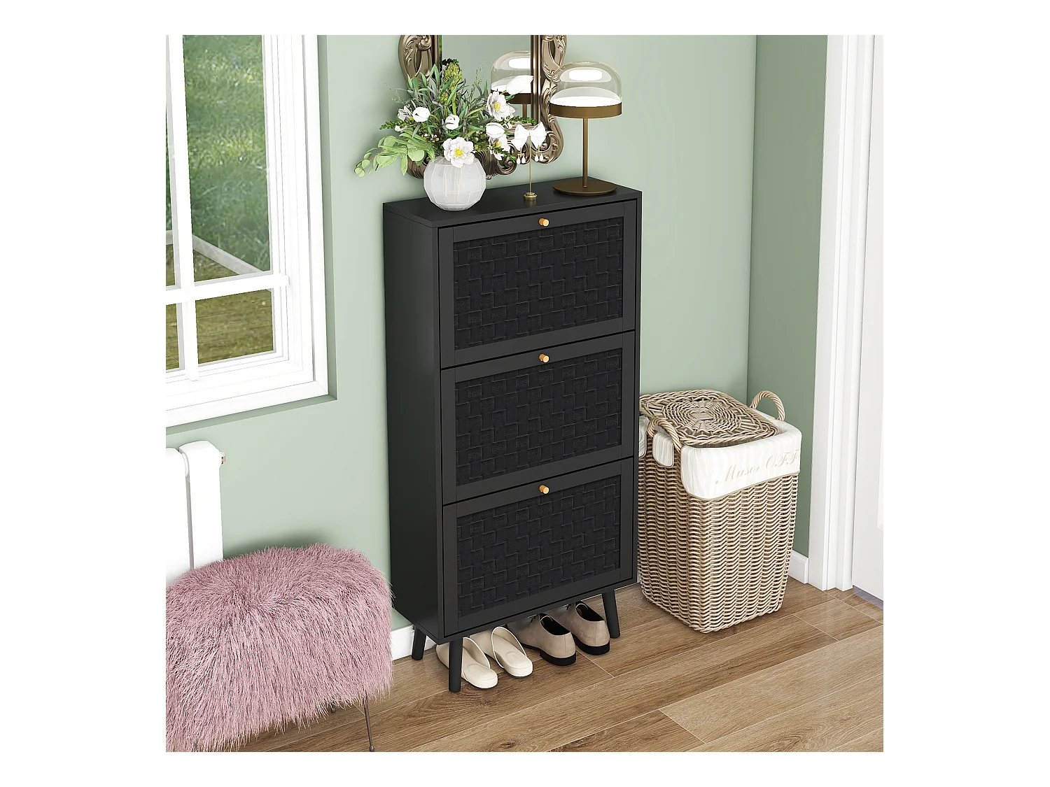 Meuble à chaussures 3 étages, design boho avec portes en rattan, MDF, noir (60x24x121 cm)