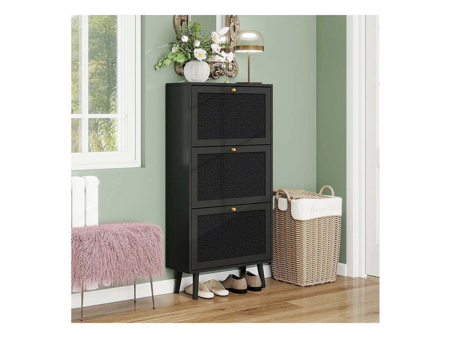 Meuble à chaussures 3 étages, design boho avec portes en rattan, MDF, noir (60x24x121 cm)