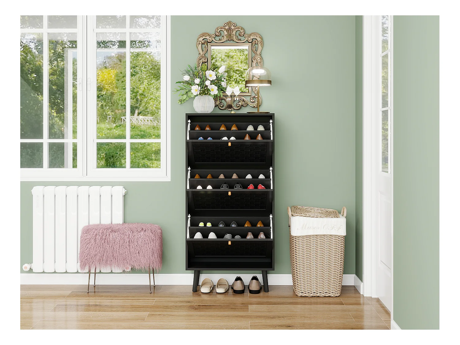 Meuble à chaussures 3 étages, design boho avec portes en rattan, MDF, noir (60x24x121 cm)