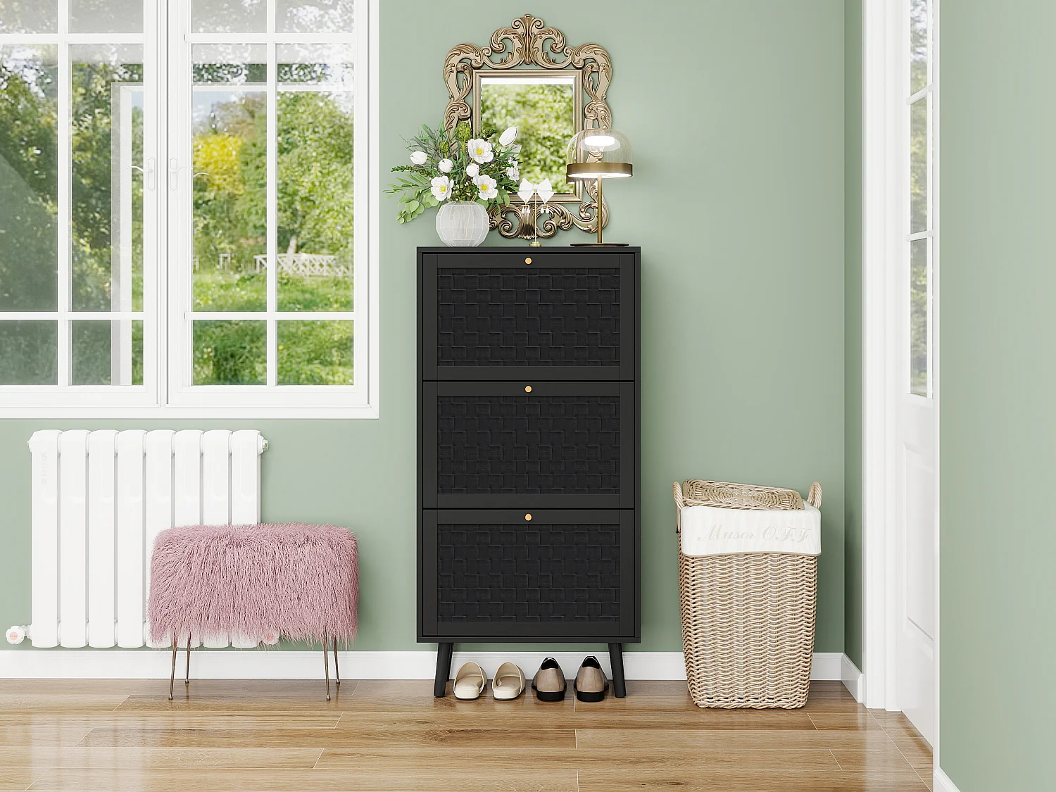 Scarpiera a 3 ripiani, design boho con ante in rattan, MDF, nero (60x24x121 cm)