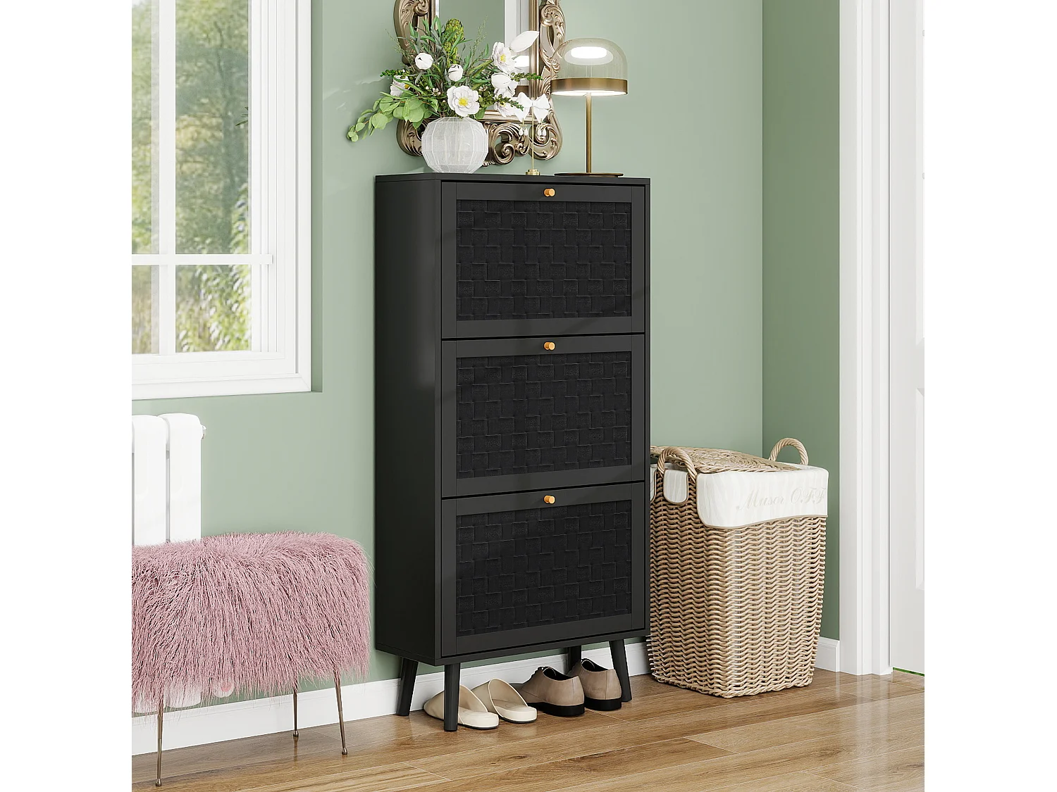 Scarpiera a 3 ripiani, design boho con ante in rattan, MDF, nero (60x24x121 cm)