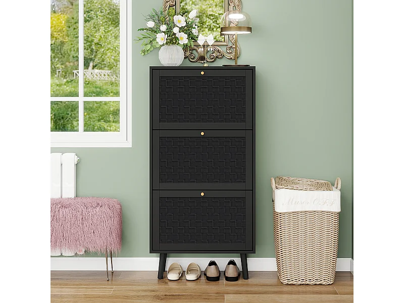 Scarpiera a 3 ripiani, design boho con ante in rattan, MDF, nero (60x24x121 cm)