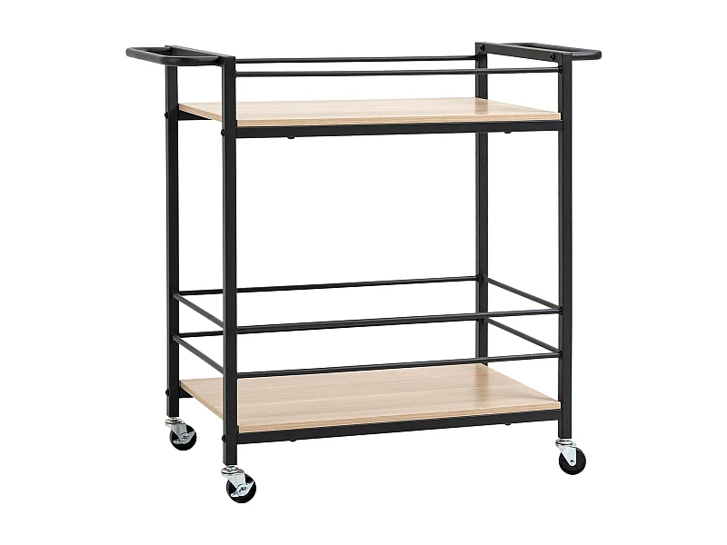 Carrito de cocina de 2 niveles, ruedas con freno, acero y madera natural, protección lateral, carga 60 kg (82x40x75cm)