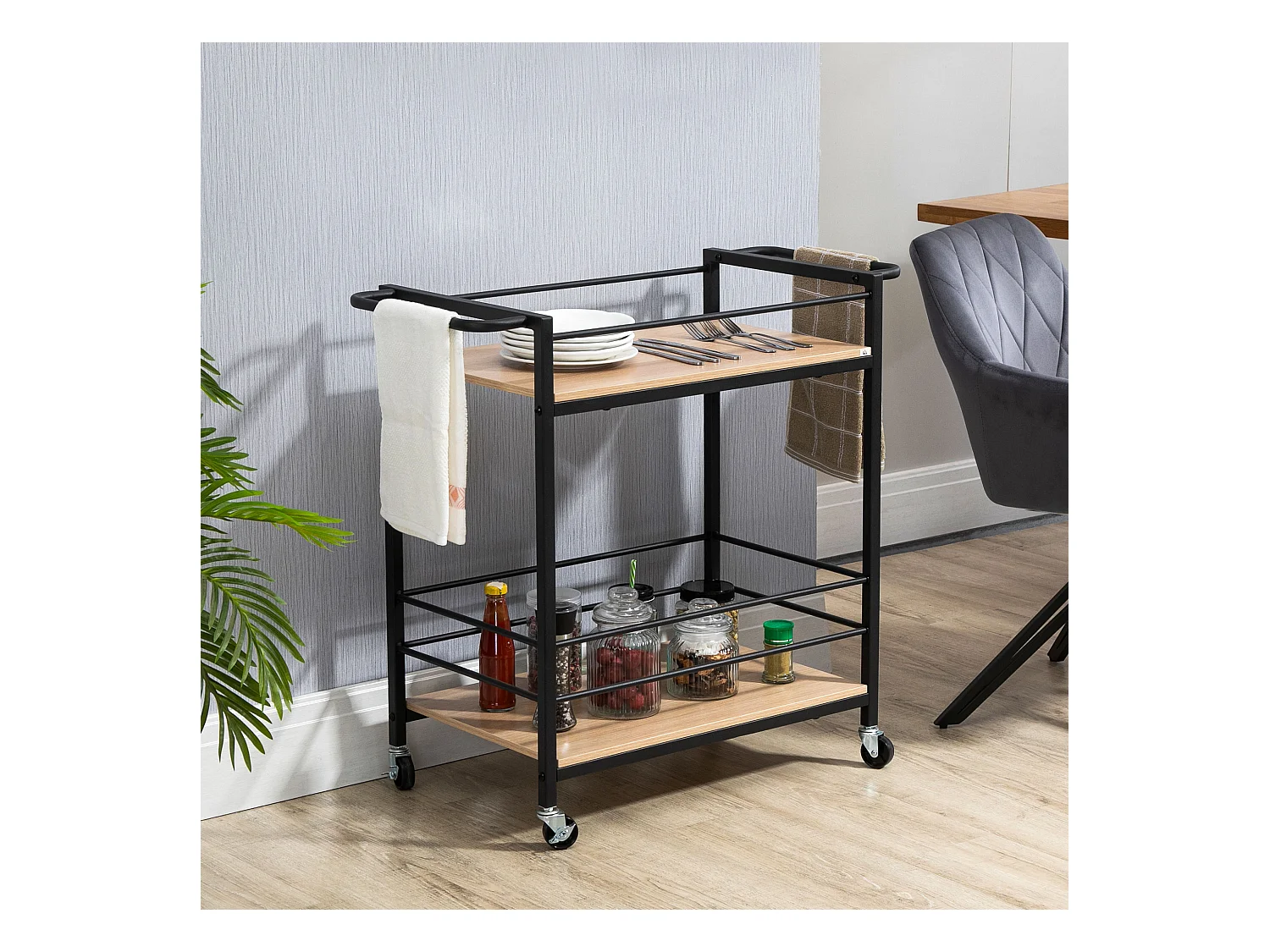 Desserte de cuisine 2 niveaux, roulettes avec freins, acier et bois naturel, protection latérale, charge 60kg (82x40x75cm)