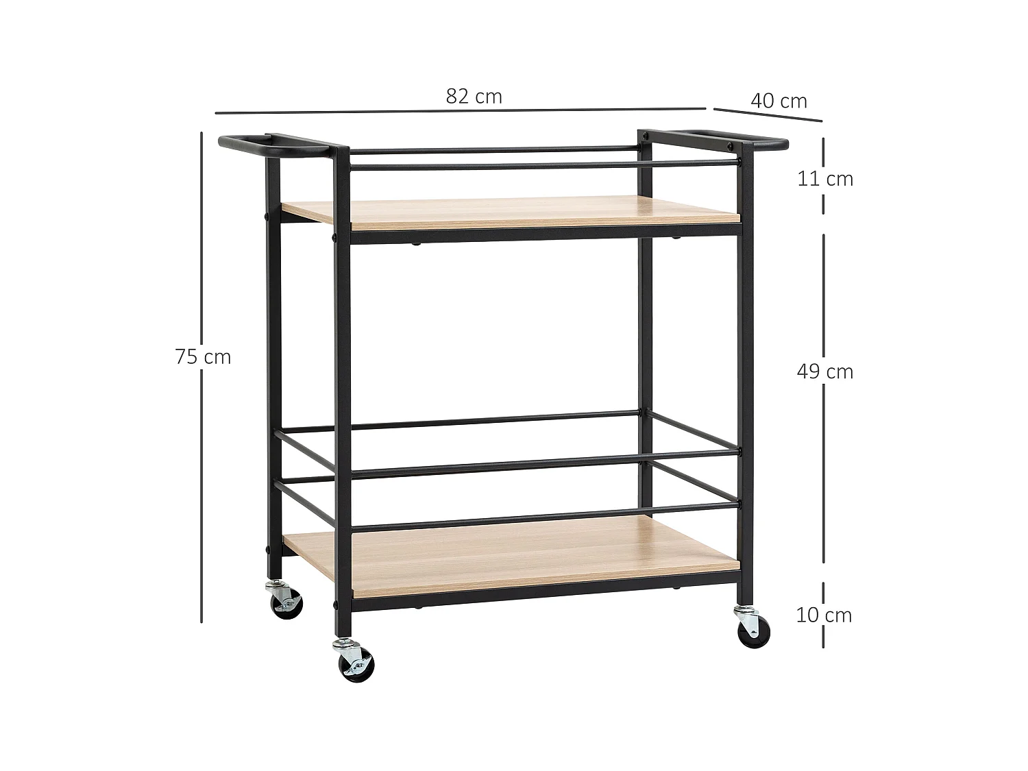 Desserte de cuisine 2 niveaux, roulettes avec freins, acier et bois naturel, protection latérale, charge 60kg (82x40x75cm)