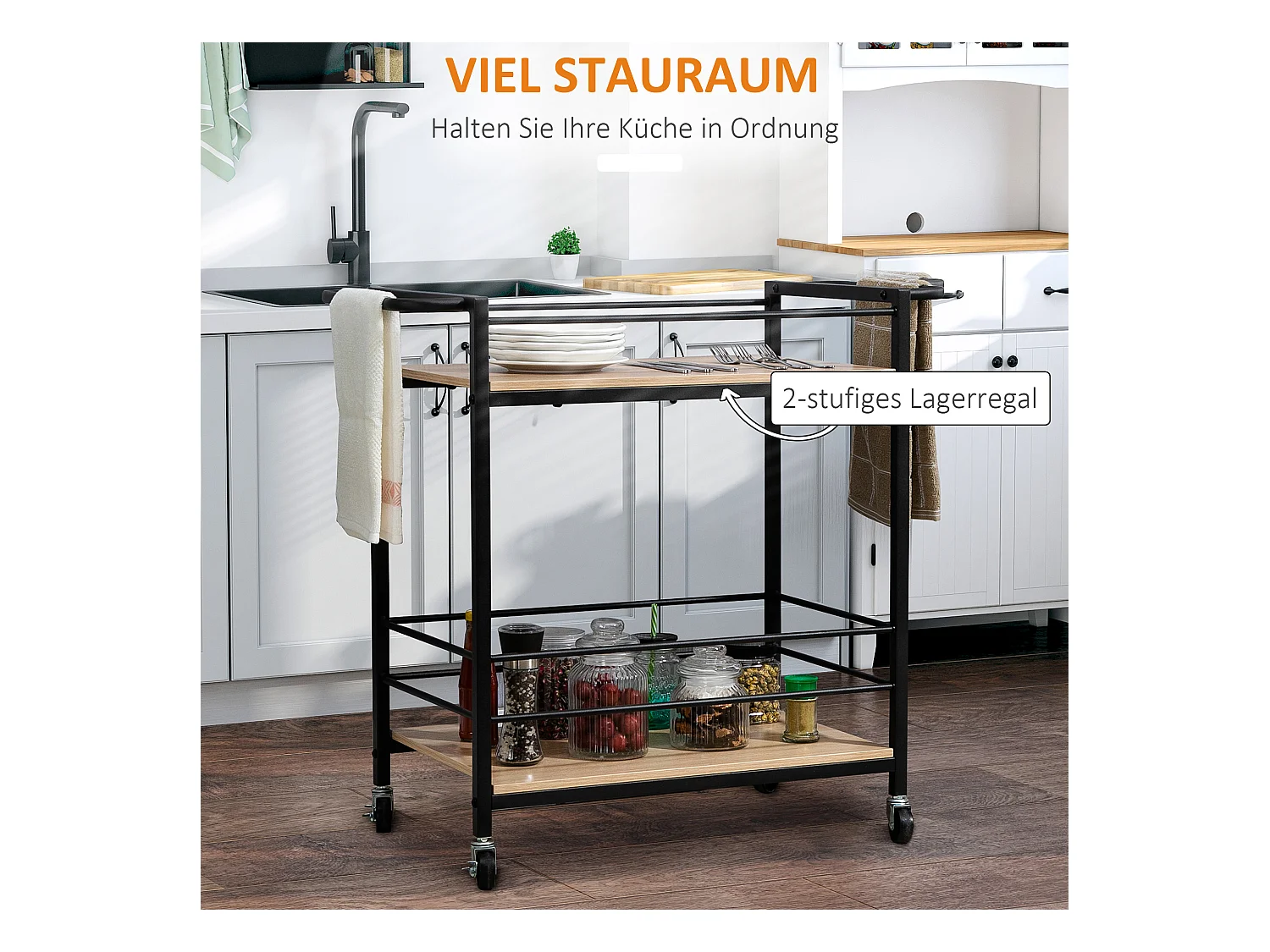 Desserte de cuisine 2 niveaux, roulettes avec freins, acier et bois naturel, protection latérale, charge 60kg (82x40x75cm)